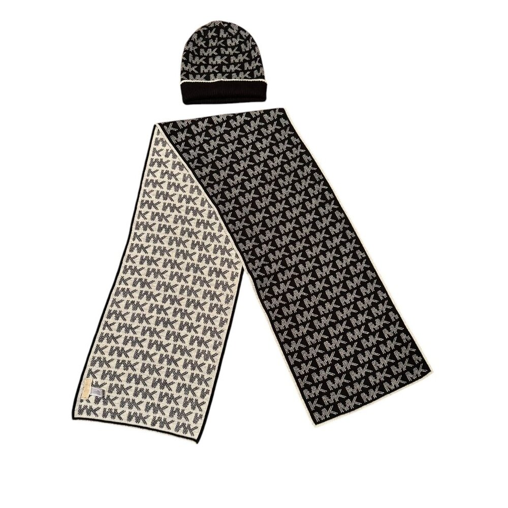 Michael Kors, black/ silver, MK logo scarf, 60" long and matching hat winter